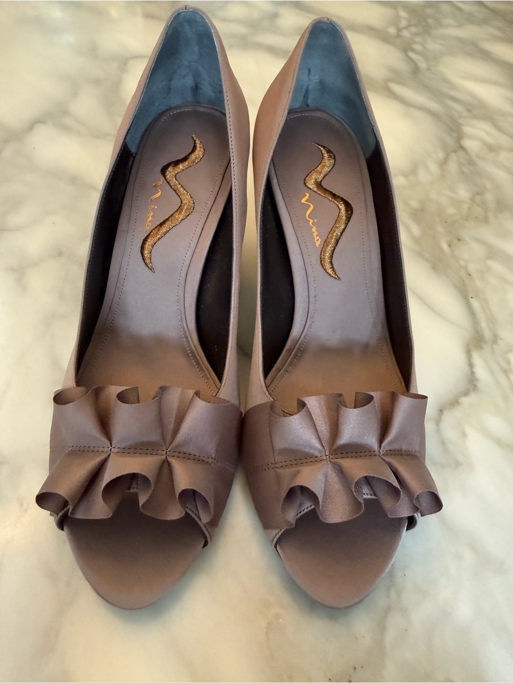 Nina Taupe Ruffle Peep-Toe Heels